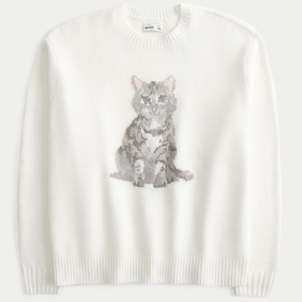 NEW HOLLISTER COMFY CLOUD KITTEN GRAPHIC SWEATER - size L